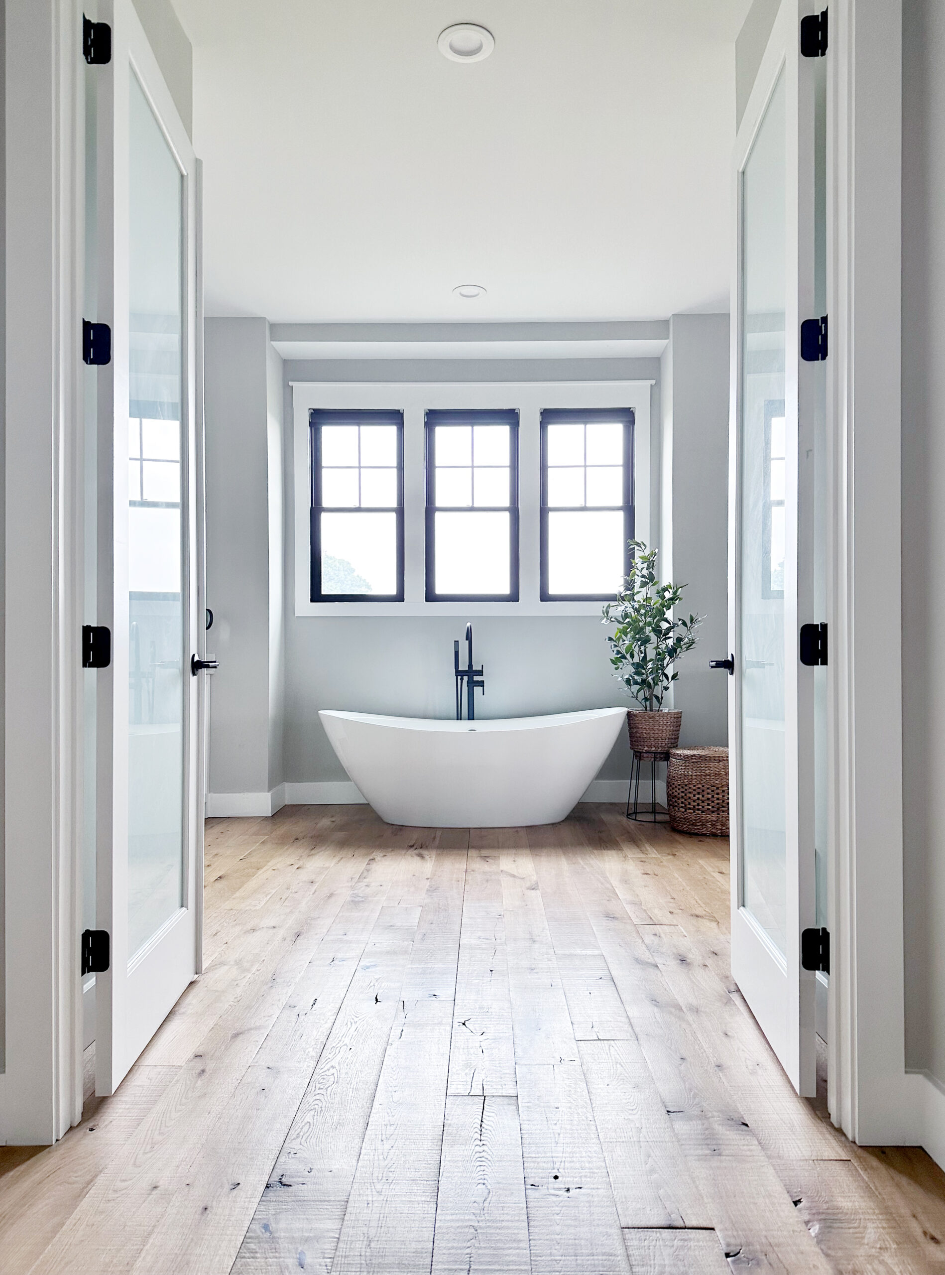 large entry into a master bathroom with a large standing tub under the windows