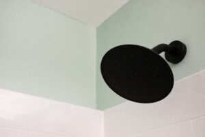 matte black shower head installed in a small shower