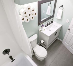 small bathroom with pale green walls